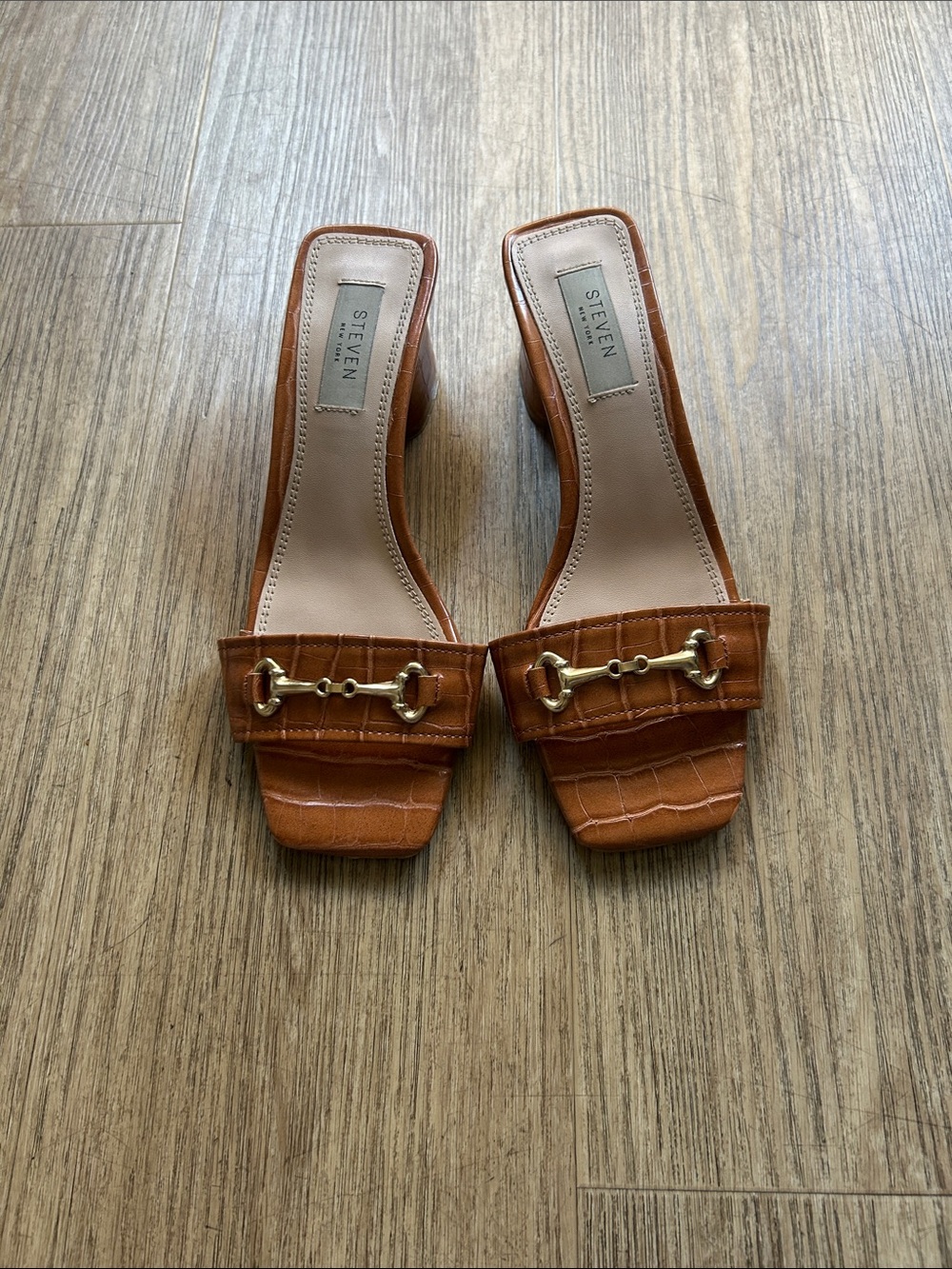 Steve Madden Cognac Croc-Embossed Slide Mules with Gold Bit